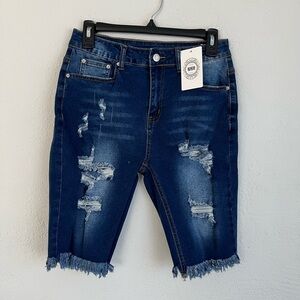 Nxh Woman Blue High Rise Distressed Cutoff Bermuda Denim Short, Size Sma…
